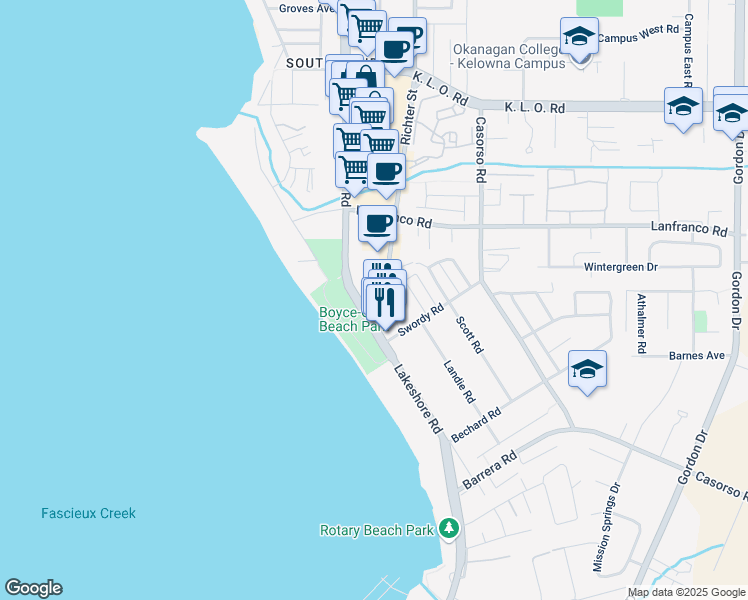 map of restaurants, bars, coffee shops, grocery stores, and more near 3421 Lakeshore Road in Kelowna