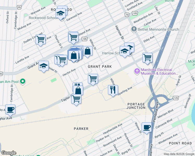 map of restaurants, bars, coffee shops, grocery stores, and more near 1051 Taylor Avenue in Winnipeg