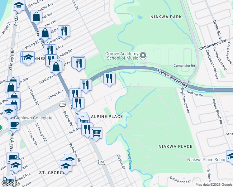 map of restaurants, bars, coffee shops, grocery stores, and more near 150 Niakwa Road in Winnipeg