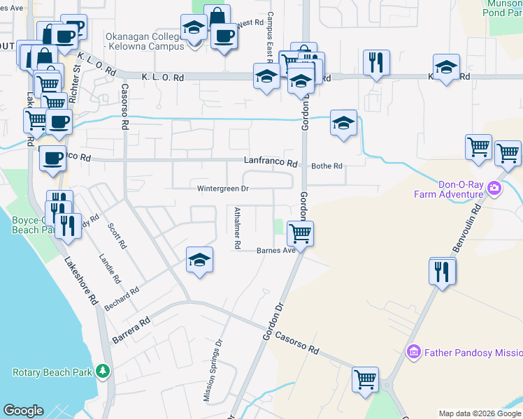 map of restaurants, bars, coffee shops, grocery stores, and more near 3513 Invermere Court in Kelowna