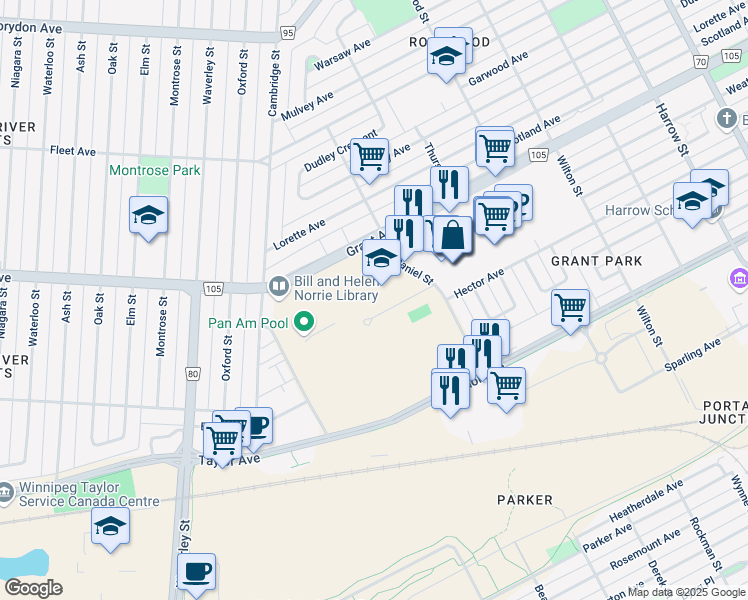 map of restaurants, bars, coffee shops, grocery stores, and more near 450 Nathaniel Street in Winnipeg