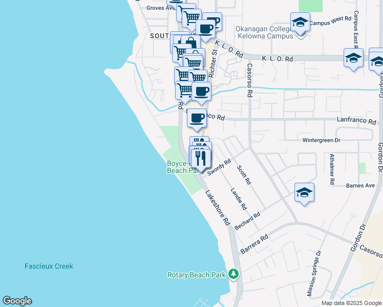 map of restaurants, bars, coffee shops, grocery stores, and more near 3421 Lakeshore Road in Kelowna