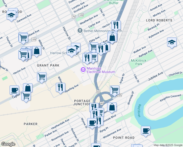 map of restaurants, bars, coffee shops, grocery stores, and more near 900 Harrow Street East in Winnipeg