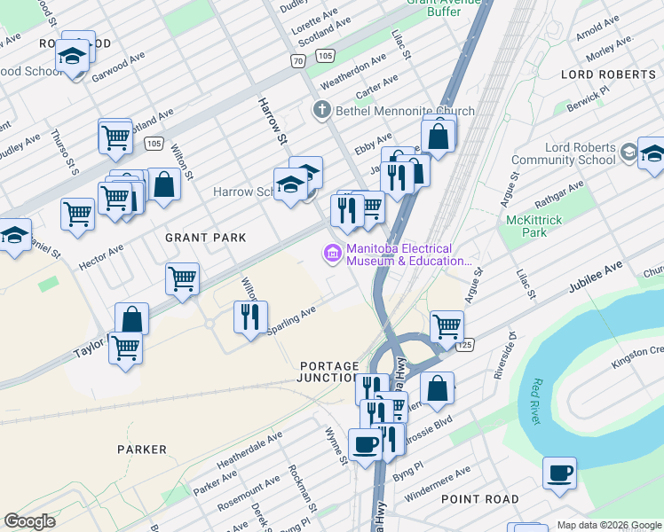 map of restaurants, bars, coffee shops, grocery stores, and more near 680 Harrow Street in Winnipeg