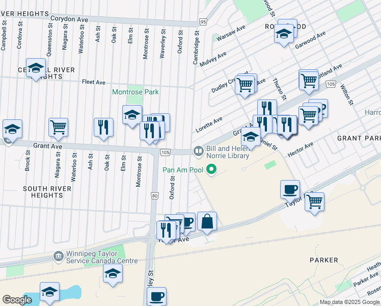 map of restaurants, bars, coffee shops, grocery stores, and more near Grant Avenue & Cambridge Street in Winnipeg