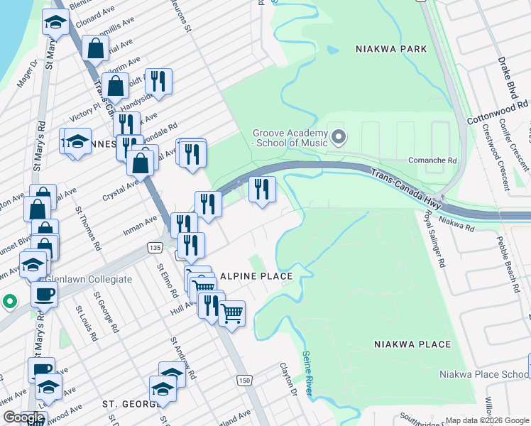 map of restaurants, bars, coffee shops, grocery stores, and more near 150 Niakwa Road in Winnipeg