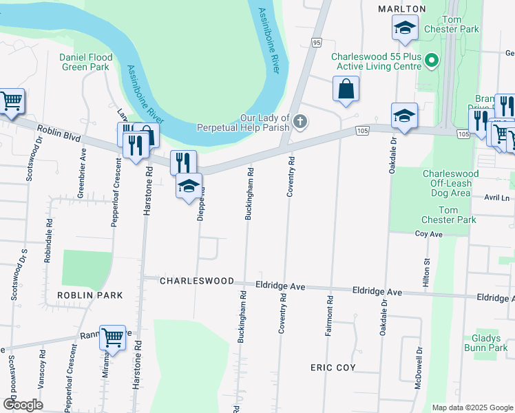 map of restaurants, bars, coffee shops, grocery stores, and more near 553 Buckingham Road in Winnipeg