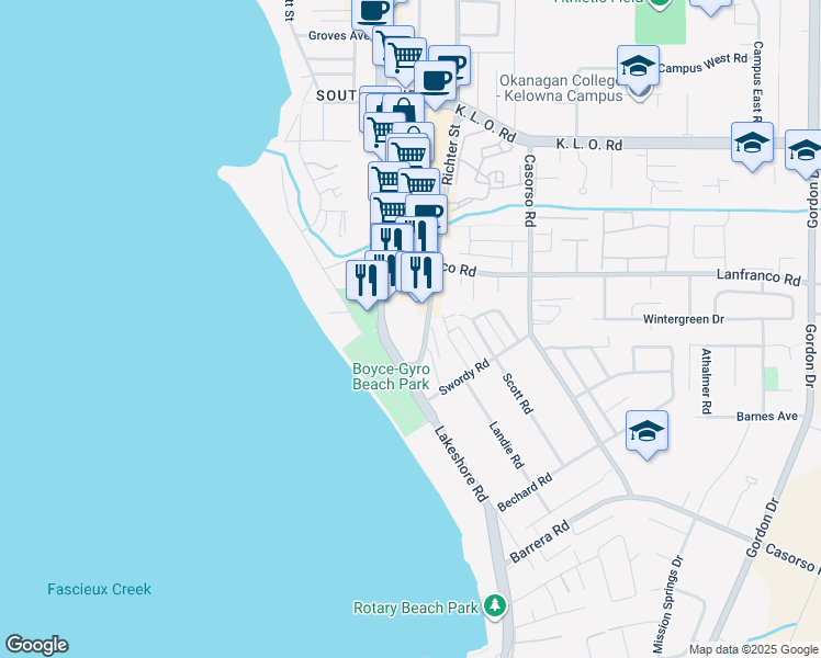 map of restaurants, bars, coffee shops, grocery stores, and more near 3330 Richter Street in Kelowna