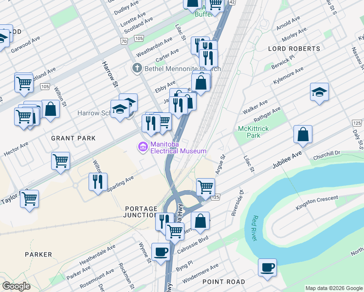 map of restaurants, bars, coffee shops, grocery stores, and more near 850 Pembina Highway in Winnipeg