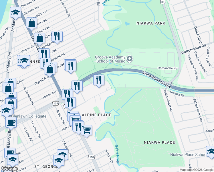 map of restaurants, bars, coffee shops, grocery stores, and more near 50 Alpine Avenue in Winnipeg