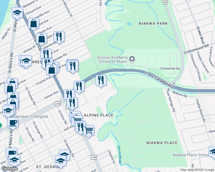 map of restaurants, bars, coffee shops, grocery stores, and more near 135 Niakwa Road in Winnipeg