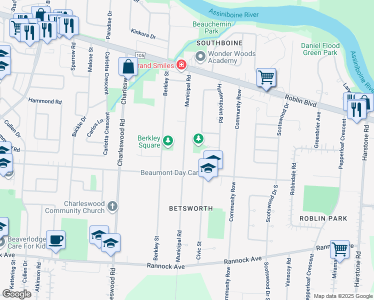 map of restaurants, bars, coffee shops, grocery stores, and more near 631 Municipal Road in Winnipeg