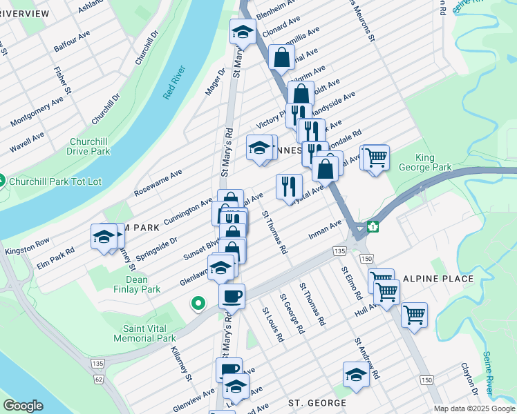 map of restaurants, bars, coffee shops, grocery stores, and more near in Winnipeg