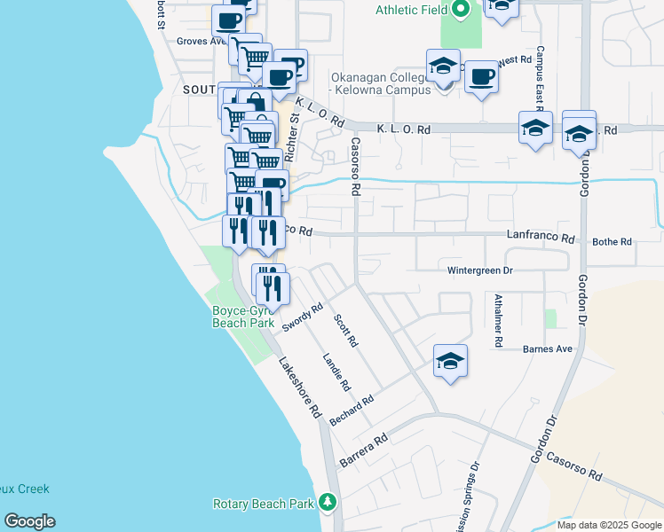 map of restaurants, bars, coffee shops, grocery stores, and more near Moberly Road in Kelowna