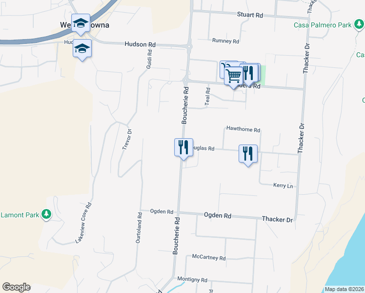 map of restaurants, bars, coffee shops, grocery stores, and more near Boucherie Road in West Kelowna