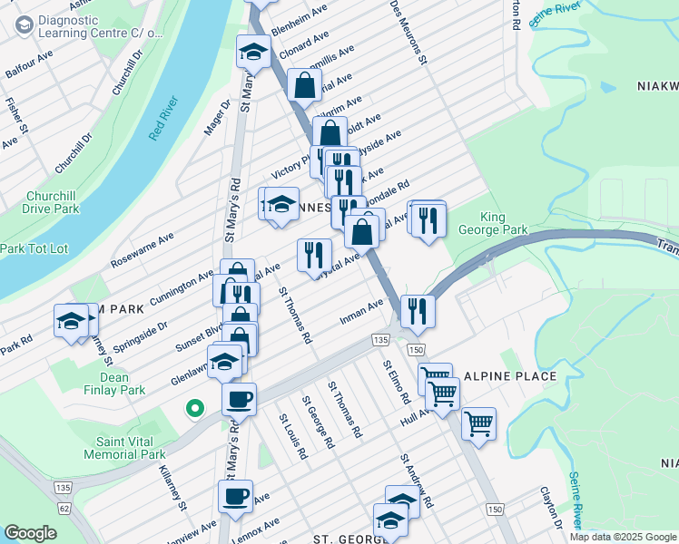 map of restaurants, bars, coffee shops, grocery stores, and more near 84 Crystal Avenue in Winnipeg