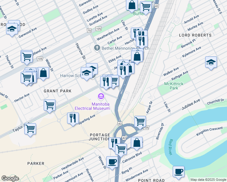 map of restaurants, bars, coffee shops, grocery stores, and more near 653 Stafford Street in Winnipeg