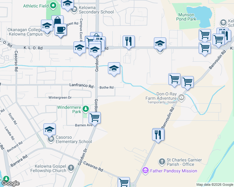 map of restaurants, bars, coffee shops, grocery stores, and more near 1290 Ladner Road in Kelowna
