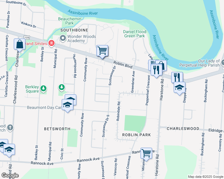 map of restaurants, bars, coffee shops, grocery stores, and more near 47 Scotswood Drive in Winnipeg