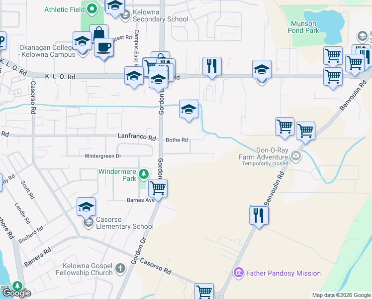 map of restaurants, bars, coffee shops, grocery stores, and more near 1290 Ladner Road in Kelowna