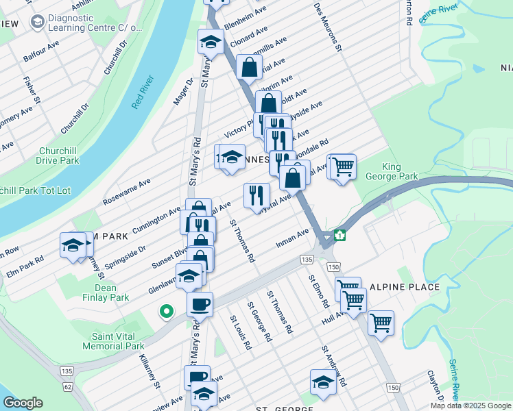 map of restaurants, bars, coffee shops, grocery stores, and more near 56 Regal Avenue in Winnipeg
