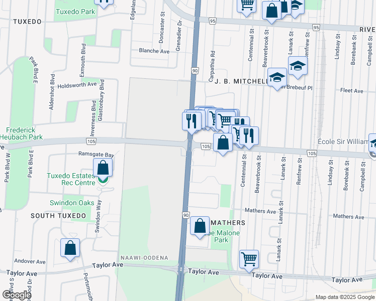 map of restaurants, bars, coffee shops, grocery stores, and more near Kenaston Boulevard & Grant Avenue in Winnipeg