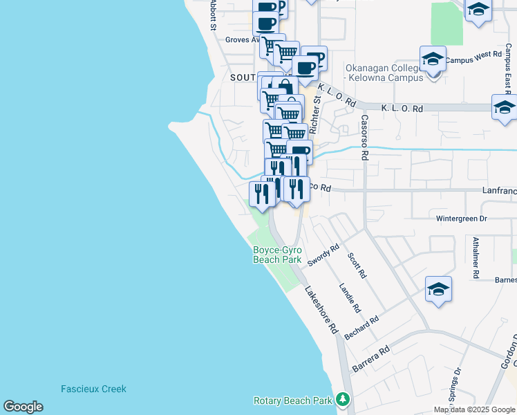 map of restaurants, bars, coffee shops, grocery stores, and more near 3300 Lakeshore Road in Kelowna