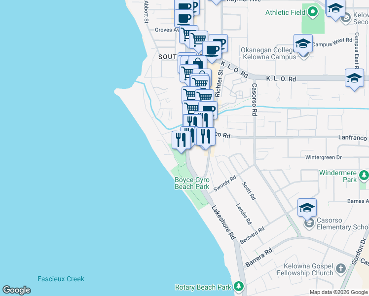 map of restaurants, bars, coffee shops, grocery stores, and more near in Kelowna