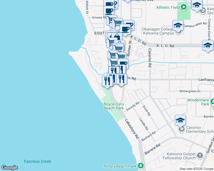 map of restaurants, bars, coffee shops, grocery stores, and more near 3300 Lakeshore Road in Kelowna
