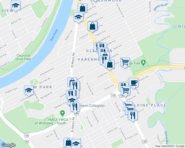 map of restaurants, bars, coffee shops, grocery stores, and more near 56 Regal Avenue in Winnipeg