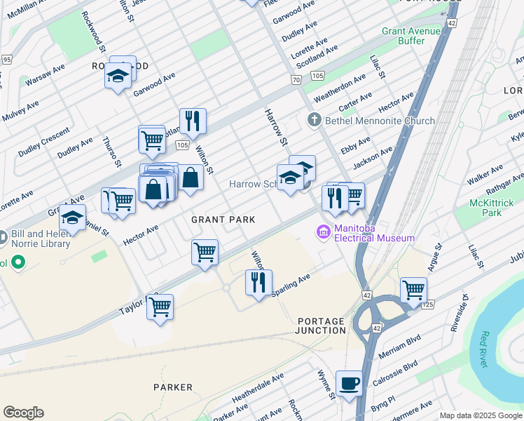 map of restaurants, bars, coffee shops, grocery stores, and more near 620 Guelph Street in Winnipeg