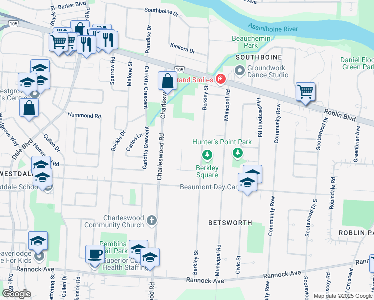 map of restaurants, bars, coffee shops, grocery stores, and more near 53 Dumore Bay in Winnipeg