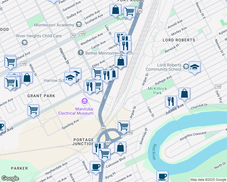 map of restaurants, bars, coffee shops, grocery stores, and more near 800 Pembina Highway in Winnipeg