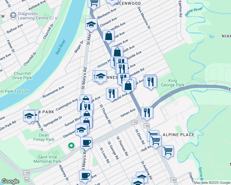 map of restaurants, bars, coffee shops, grocery stores, and more near 84 Crystal Avenue in Winnipeg