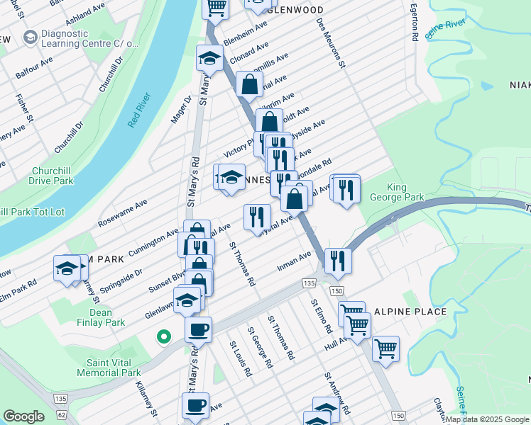 map of restaurants, bars, coffee shops, grocery stores, and more near 84 Crystal Avenue in Winnipeg