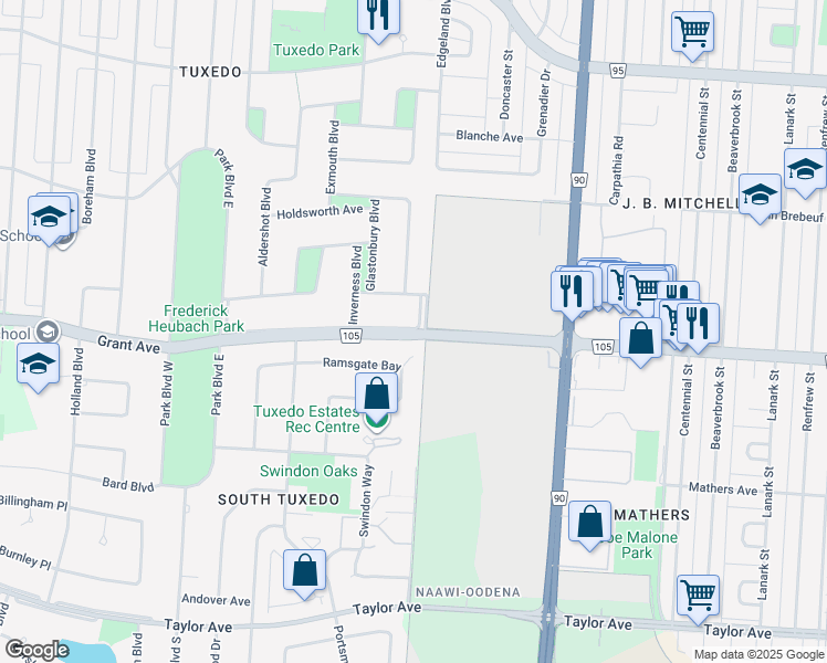 map of restaurants, bars, coffee shops, grocery stores, and more near Grant Avenue in Winnipeg