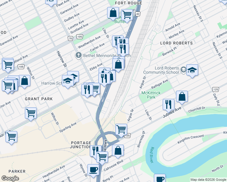 map of restaurants, bars, coffee shops, grocery stores, and more near 762 Pembina Highway in Winnipeg