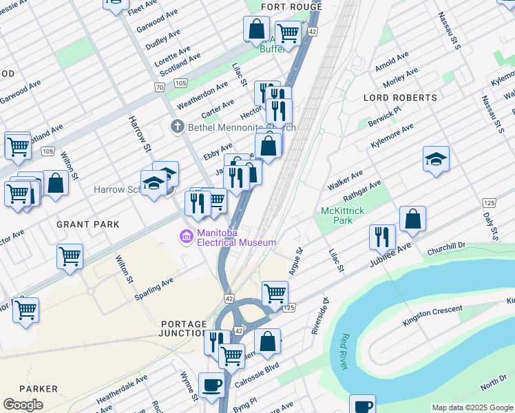 map of restaurants, bars, coffee shops, grocery stores, and more near 800 Pembina Hwy in Winnipeg