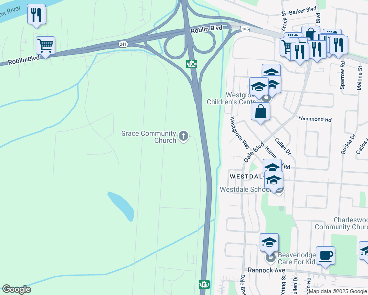 map of restaurants, bars, coffee shops, grocery stores, and more near 500 Caron Road in Headingley