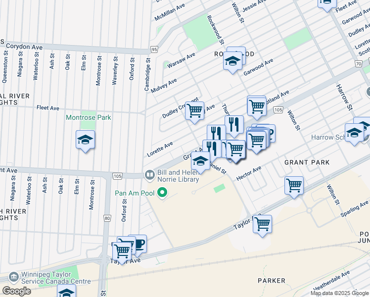 map of restaurants, bars, coffee shops, grocery stores, and more near 1245 Grant Avenue in Winnipeg