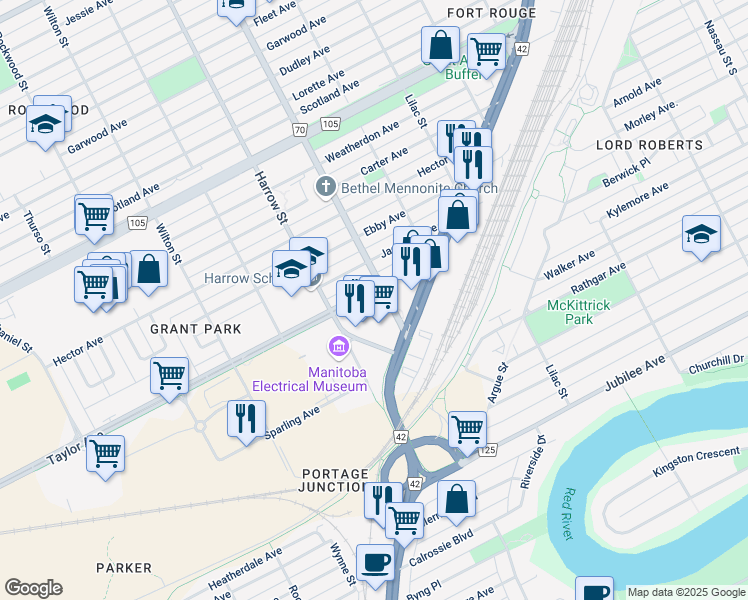 map of restaurants, bars, coffee shops, grocery stores, and more near 653 Stafford Street in Winnipeg