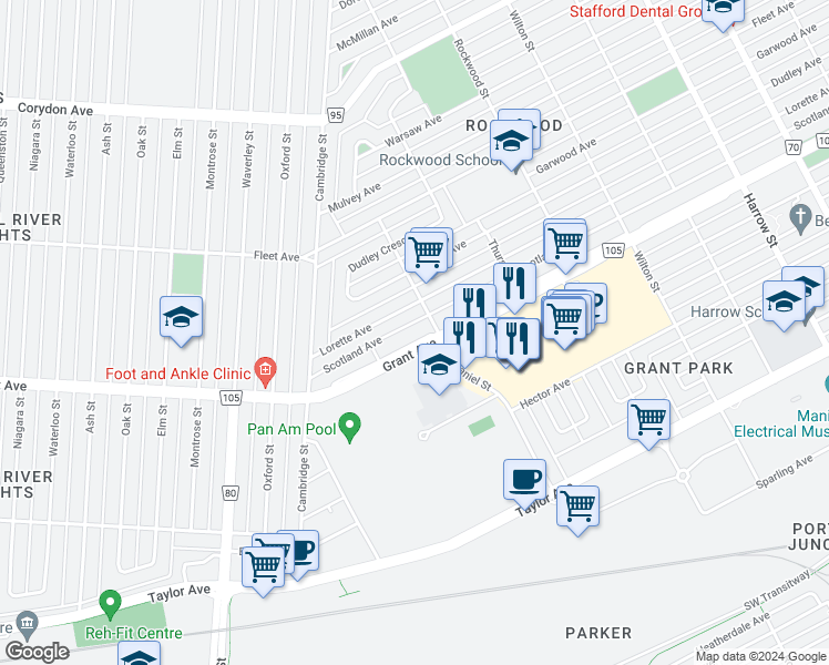 map of restaurants, bars, coffee shops, grocery stores, and more near 1245 Grant Avenue in Winnipeg