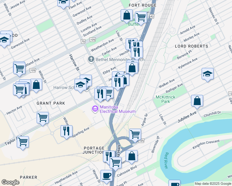 map of restaurants, bars, coffee shops, grocery stores, and more near 759 Pembina Highway in Winnipeg