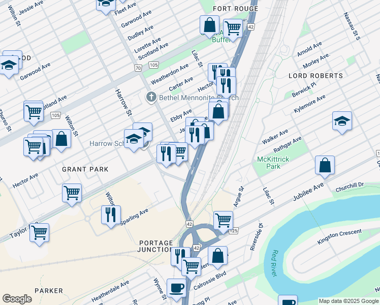map of restaurants, bars, coffee shops, grocery stores, and more near 759 Pembina Highway in Winnipeg