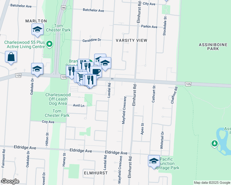 map of restaurants, bars, coffee shops, grocery stores, and more near 3452 Grant Avenue in Winnipeg