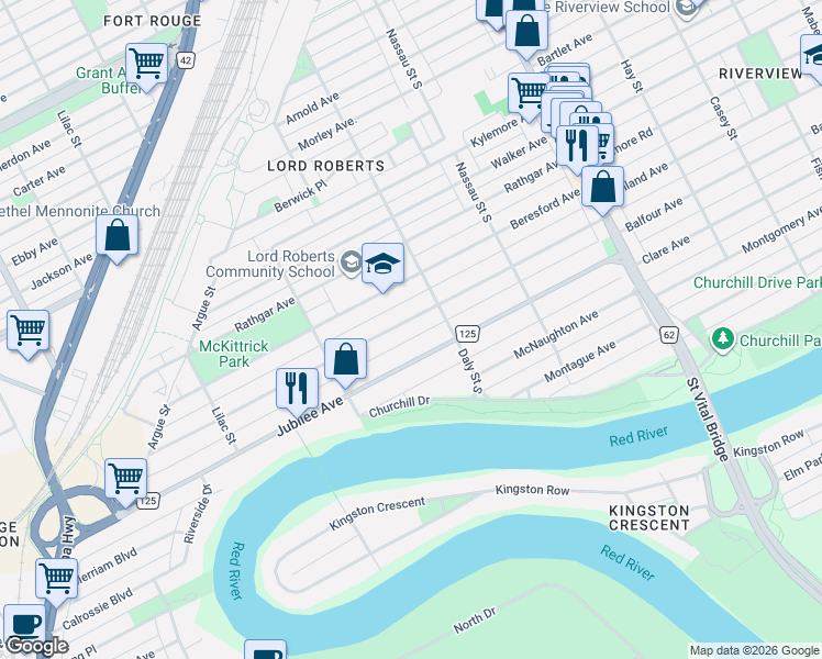 map of restaurants, bars, coffee shops, grocery stores, and more near 451 Rosedale Avenue in Winnipeg