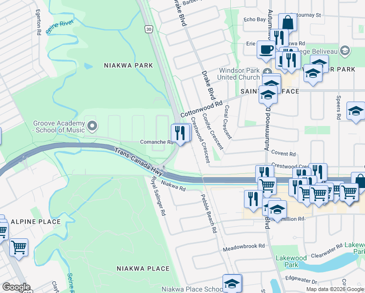 map of restaurants, bars, coffee shops, grocery stores, and more near 1270 Archibald Street in Winnipeg