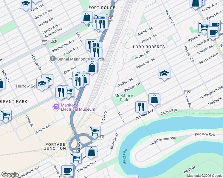 map of restaurants, bars, coffee shops, grocery stores, and more near 20 Walker Court in Winnipeg