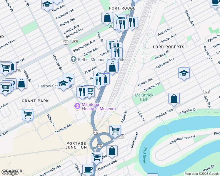 map of restaurants, bars, coffee shops, grocery stores, and more near 756 Pembina Highway in Winnipeg