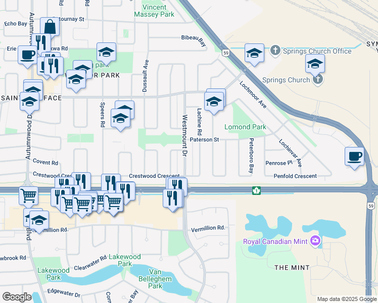 map of restaurants, bars, coffee shops, grocery stores, and more near 426 Westmount Drive in Winnipeg